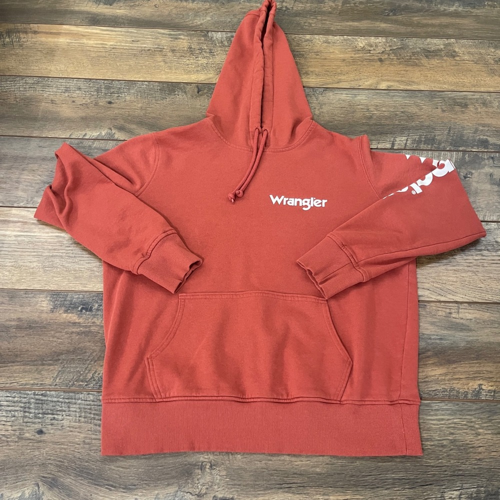 Wrangler Retro Mens Small Rust Orange Logo Sleeve Fleece Hoodie Western Cowboy
